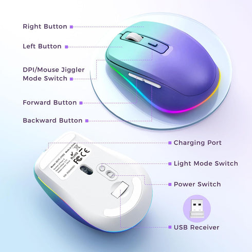 Wireless Mouse Jiggler - LED Wireless Mice with Build-in Mouse Jiggler Mover, Rechargeable Moving Mouse for Computer with Undetectable Random Move...