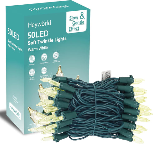 Slow Twinkle Lights, 50 Led Soft Twinkling Mini Christmas String Lights on Green Wire Cord, UL Approved 14.58 Ft, Connect Up to 50 Sets, Indoor Ou...