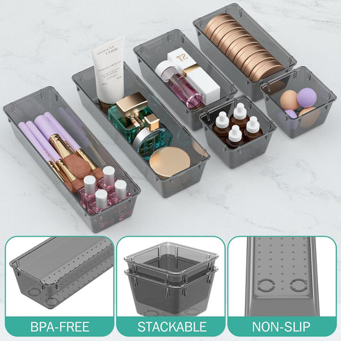 WOWBOX 6 Pack Clear Drawer Organizer Set, Acrylic Drawer Storage Trays, Storage Bins for Makeup, Cosmetics, Jewelries, Utensils, Gadgets, Office, ...