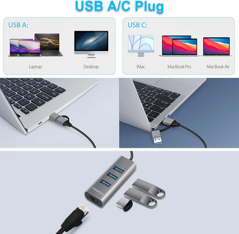 USB 3.0 Hub Ethernet, Aluminum USB C to Ethernet Adapter, 3 Port USB C Hub for Laptop, RJ45 LAN Adapter for 24 inch iMac 2021, New MacBook Pro/Air...