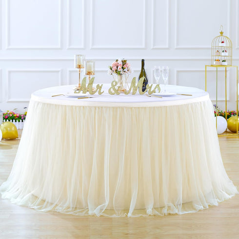 Suppromo 9ft Champagne Tulle Table Skirts for Rectangle Tables or Round Tables Champagne Tutu Table Cloth Cover for Wedding Birthday Party Baby Sh...