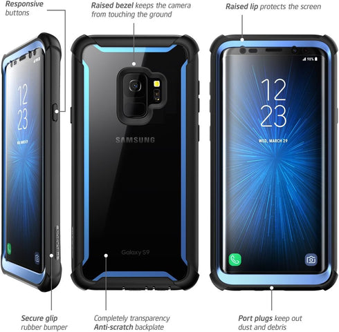 i-Blason Case for Galaxy S9 2018 Release, Ares Full-body Rugged Clear Bumper Case with Built-in Screen Protector (Black/Blue)...