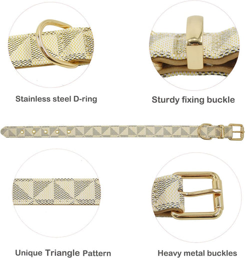 Leather Dog Collar and Leash Set, Check Pattern Dog Collar Leashes Metal Buckle Adjustable Durable for Small Medium Large Dogs (White, L(14.5-18.5...