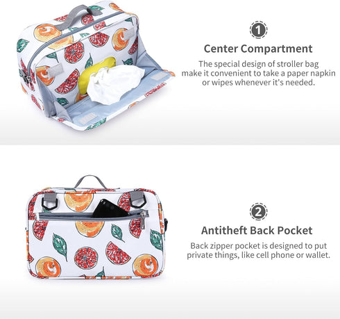 Non-Slip Stroller Organizer Bag for Diapers with Insulated Pocket, Stroller Hooks and Adjustable Strap,Universal Fit Most Strollers, Fruits...