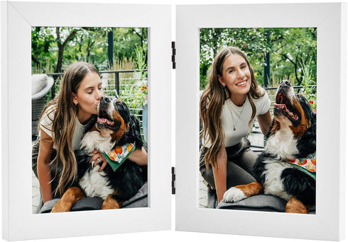 Frametory, 4x6 Double Picture Frame - Real Glass Hinged 2 Photos Collage, Desktop Picture Frame Standing Vertical (Blue, 1 Pack)...