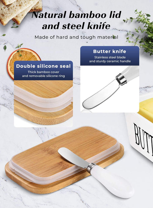 Butter Dish with Lid, Large Butter Container for Countertop, Ceramic Butter Holder for Counter, Butter Tray Butter Keeper with Knife and Sponge Sc...