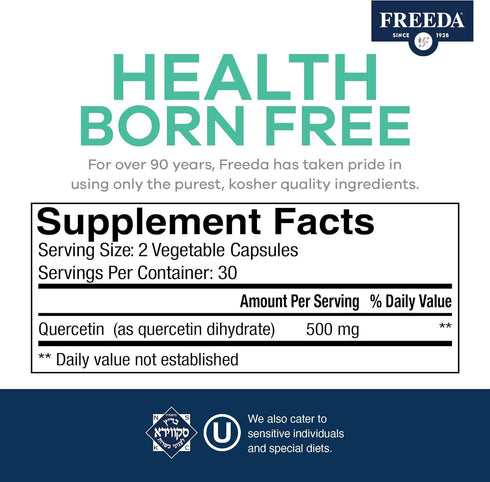 FREEDA Quercetin 500mg - Pure Quercetin Supplement for Immune & Histamine Support - Vegan Bioflavonoid Vitamin - Quercetin Flavonoid Supplements &...