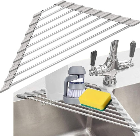 Triangle Dish Drying Rack for Sink Corner Roll Up Folding Stainless Steel Multipurpose Over The Sink Dish Drainer Mat for Kitchen (Grey)...