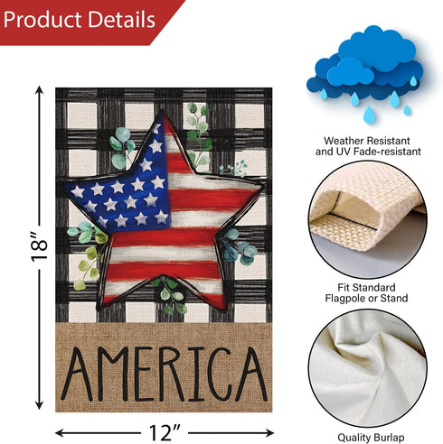 Louise Maelys 4th of July Garden Flag 12x18 Double Sided, Small Burlap Welcome Patriotic Strip Stars Garden Yard House Flags Buffalo Check Plaid f...