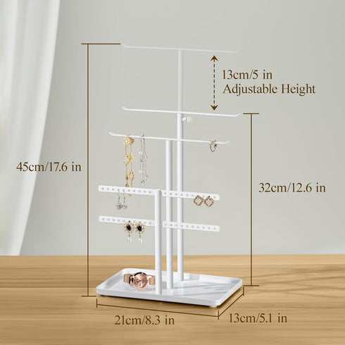 Jewelry Holder Organizer Stand - Adjustable Jewelry Tree 17.5" Height (Max), Jewlery Hanger for Necklaces, Bracelets, Earrings, Stainless, White...