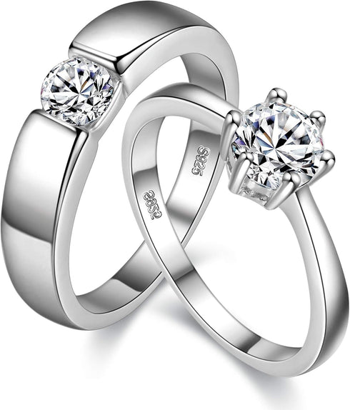 Uloveido 1 Pair Wedding Engagement Couple Ring Set for Women and Men Valentine's Day Gift - Anniversary Promise Ring Set in Silver Color for Boyfr...