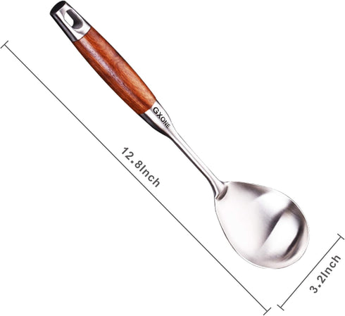 Large Serving Spoons,304 Stainless Steel Cooking Spoon with Heat Resistant Wooden Handle,Silver/12.4Inch...