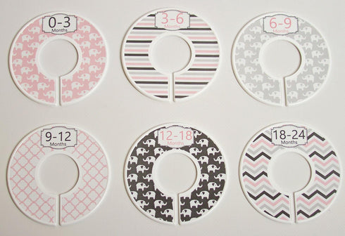 C97 Baby Closety Dividers Girl Pink Nursery Clothes Hanger Size Dividers Organizer Elephant Gray Set of 6...