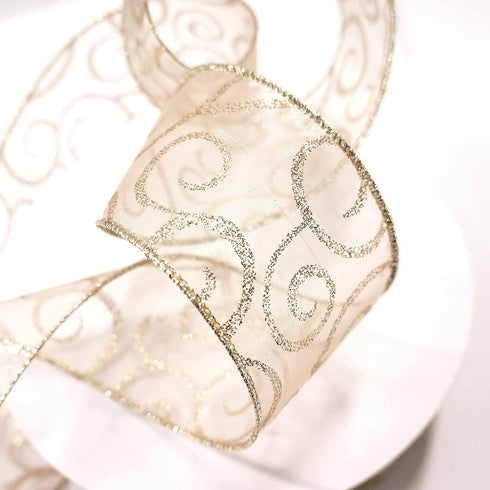 CT CRAFT LLC Organza with Champagne Gold Glitter Swirls Wired Ribbon 2.5 inch x 50 Yards for Christmas Home Decor Tree Topper Bow Gift Wrapping DI...