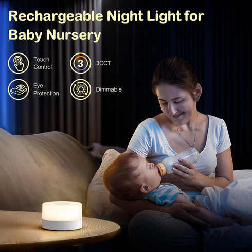 JUSHENG Baby Night Lights for Nursery, 3 Color Temperature Selectable & Dimmable, Rechargeable LED Bedside Lamps Touch Light for Nightstand, Breas...