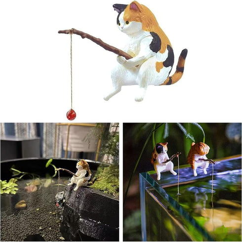 Black Fish Tank Landscaping Cartoon Fishing Cat Ornaments Aquarium Accessories Household Supplies Home Office Decorations Fishing Cat Figurine Aqu...