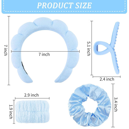 6PCS Spa Headband and Wristband Set - Makeup Headband, Wristbands, Hair Claw Clips, Blue Scrunchies for Women Skincare Non Slip Thick Hair Accesso...