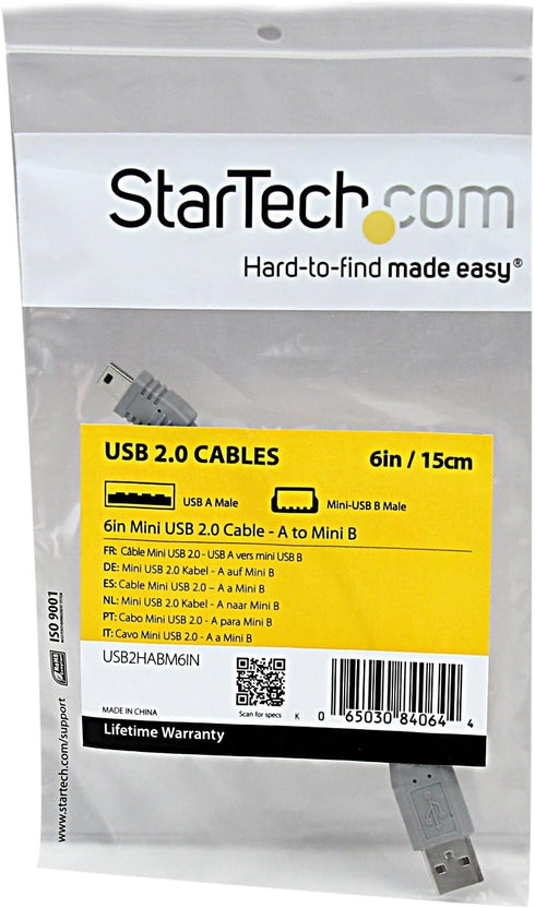 StarTech.com 6 in. USB to Mini USB Cable - USB 2.0 A to Mini B - Gray - Mini USB Cable (USB2HABM6IN)...