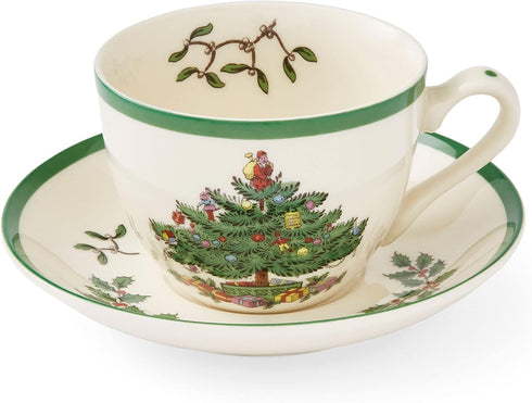 Spode Christmas Tree Teacup & Saucer Set - 7 Oz Earthenware Cup for Tea, Coffee, Cappuccino, Espresso - Holly & Mistletoe Holiday Accents - Holida...