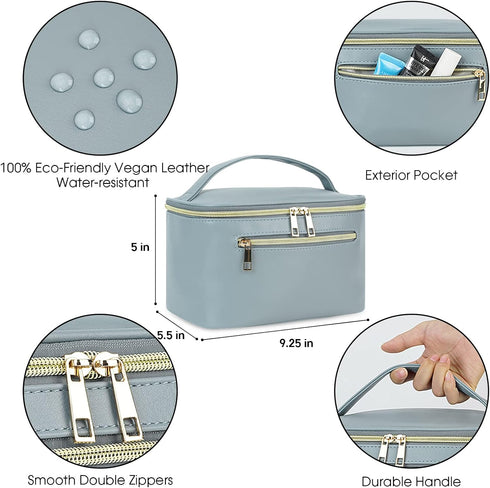 Wandering Nature Makeup Bag, Travel Make Up Organizer Cosmetic Brush Bags Case for Women in Eco Vegan Leather, Grayish Blue(Patent Pending)...