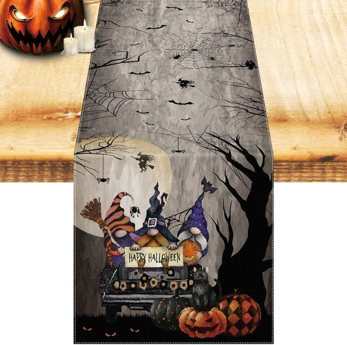 Nialnant Halloween Table Runner,Scary Gnome Truck Trees Halloween Runners for Table Decorations Farmhouse Kitchen Dining Party Indoor Outdoor - 13...