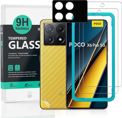 Ibywind 2 Pack Screen Protector For Xiaomi Poco X6 Pro 5G 6.67",9H Hardness Tempered Glass,With 1Pc Camera Lens Protector,1Pc Back Carbon Fiber Fi...