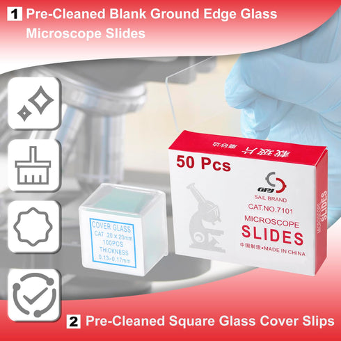 Microscope Slides Clear Glass 50 Pcs Pre-Cleaned Blank Microscope Slides Ground Edges 1" x 3" with 100pcs Pre-Cleaned 20mm x 20mm Microscope Cover...