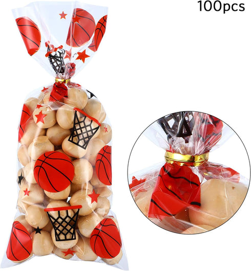 Blulu 100 Pieces Basketball Party Treat Bags Plastic Basketball Theme Candy Goodie Bags with 100 Pack Gold Twist Ties for Sports Team Party Favors...