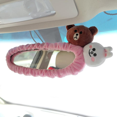 Tianmei Car Inside Rearview Mirror Cover Accessories with Cute Cartoon Doll Decor Interior Trim for Women (Bear Rabbit-Pink)...