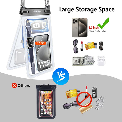 Niveaya [Up to 10.5" Large Floating Waterproof Phone Pouch - 2 Pack, Double Space Waterproof Phone Case with iPhone 15/14/13/12/ Pro Max/Pro/8 Plu...