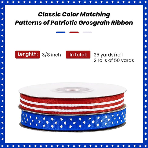 2 Rolls 50 Yards Patriotic Grosgrain Ribbon 3/8 Inch, Red White and Blue Ribbon Stars and Stripes Ribbon for Gift Wrapping Memorial Day 4th of Jul...