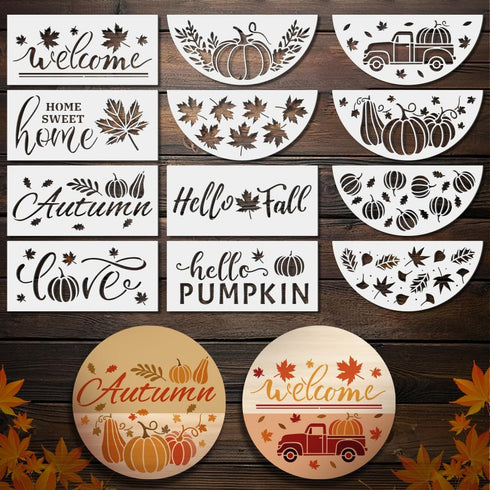 12pcs Autumn Pumpkin Welcome Stencil for Painting On Wood 12inch Half Round Fall Pumpkin Maple Leaves Drawing Templates Free Combination with Pain...