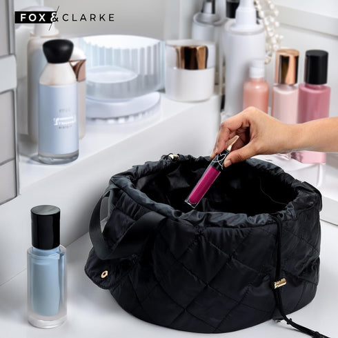 Drawstring Makeup Bag - Chic Black Diamond Stitched Quilted Makeup Bag w/ Gold Hardware - Large, Water-Resistant Expandable Black Makeup Bag with ...
