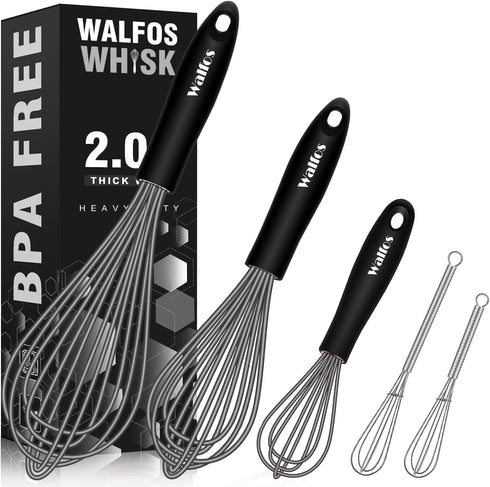 Walfos Whisk, Silicone Whisks Set of 5, Mini Stainless Steel Whisk 7in+5in and Non Scratch Coated 7+9+11in Whisks, Suitable for Blending, Whisking...