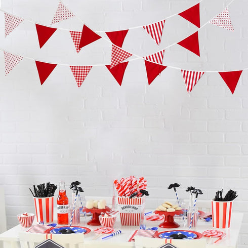 32Ft Red White Plaid Stripe Dot Fabric Bunting Banner Triangle Flags Cotton Garland Pennant for Birthday Wedding Engagement Carnival Party Classro...