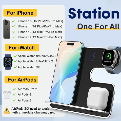 3-in-1 Wireless Charger for Apple Fanboys: Aluminum Alloy Charging Station for iPhone Apple Watch and Airpods - Detachable Travel Charger for Mult...
