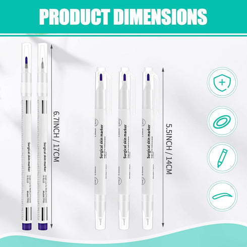 Zonon 5 Pieces Tattoo Tip Markers Skin Marker Pen Tattoo Pen in 0.5 mm and 1 mm with Paper Ruler for Skin, Eyebrow, Lips (2 Single Head, 3 Double ...