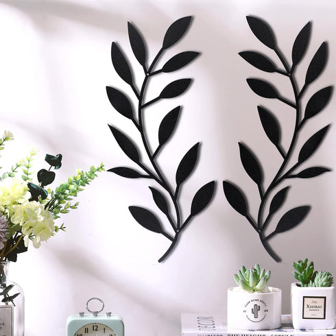 2 Pieces Metal Tree Leaf Wall Decor Vine Olive Branch Leaf Wall Art Wrought Iron Scroll Above The Bed, Living Room, Outdoor Decoration (Black)...