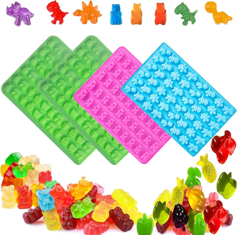 4 Pack: Bear,Dinosaur,Fruits,Vegetables Gummy Candy Molds; Mini Silicone Gummy Candy Chocolate Molds, Dessert DIY Cake Mould, Baking Pan,Kitchen T...