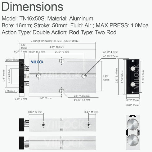 Pneumatic Air Cylinder 16mm Bore 50mm Stroke, Small Air Cylinder Double Rod Double Action TN16x50...