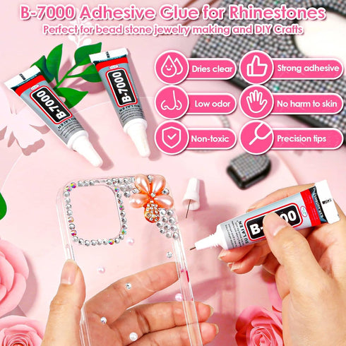 Audab B7000 Jewelry Adhesive Glue with Rhinestones for Crafts, 2100Pcs Flat Back Gems Crystal Rhinestones with Tweezer Dotting Tools Clear Glue fo...