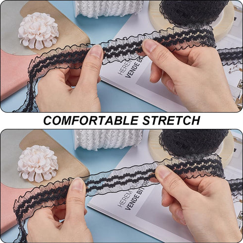 GORGECRAFT 22 Yards Elastic Ruffle Lace Trim 1"/25mm Double Wave Flower Pleated Lace Ribbon Sewing Stretch Edge Trimming Applique for Clothing Gar...
