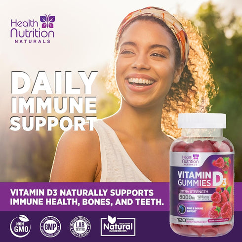 Vitamin D3 Gummies Extra Strength 5000 IU (125 mcg) - Bone, Teeth, Muscle & Immune Support Vitamin D Gummy Dietary Supplement, Nature's Berry Vita...