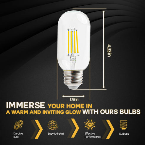 Seentech Dimmable T45 T14 Tubular Vintage Bulbs, E26 LED Edison Bulbs 4W 40W Equivalent, 400 Lumen, 2700K Warm White, Clear Glass Ideal for Ceilin...
