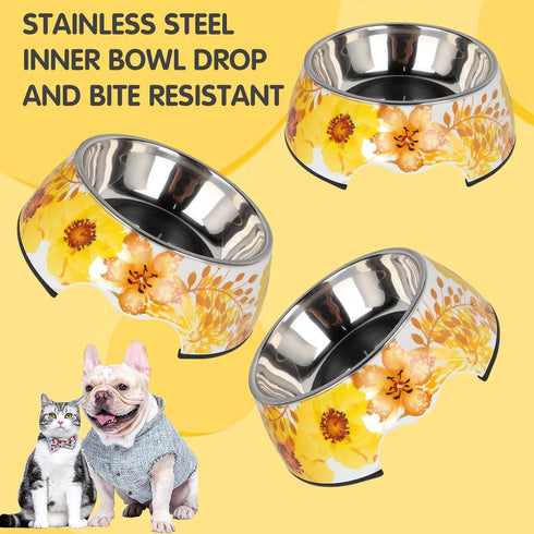 Pet Cats Dogs 2 in 1 Food Water Bowls - Non Slip Skid Proof Heavy Duty Pet Cats Dog Food Water Bowls for Feeding Drinking Medium Dogs (Yellow Flow...