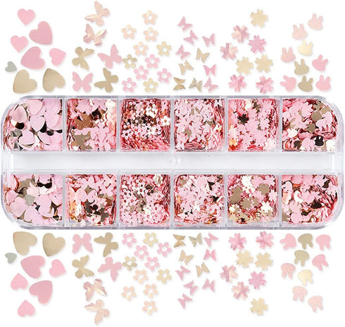 12 Grids Gold Pink Nail Glitter Sequins 3D Cherry Blossoms Butterfly Nail Glitter Flakes Rabbit Love Heart Nail Sequins Supplies Sparky Cute Nail ...