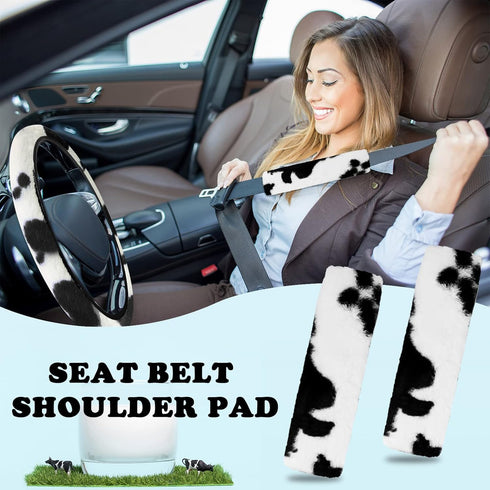 JINGSEN11 Pieces Fluffy Car Accessories Set,Fluffy Cow Print Plush Steering Wheel Covers for Women Soft Fleece Handbrake Cover Shift Cover Car Tri...
