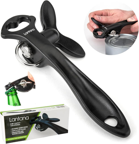 Lantana Smooth Edge Can Opener with Bottle Cap Lifter - Hand Held Manual Safety Tin Opener - Black/Stainless Steel...