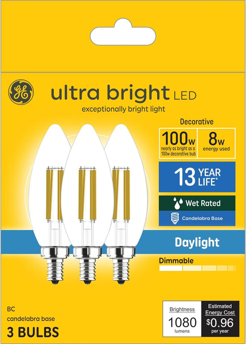GE Ultra Bright LED Light Bulbs, 100W, Daylight Candle Lights, Clear Decorative B12 Light Bulbs (3 Pack)...