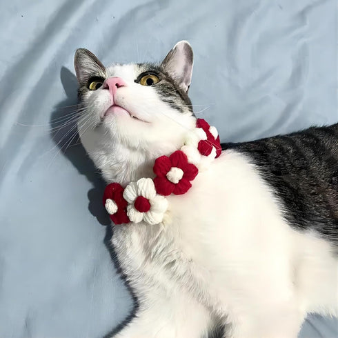 Dog Costume,Handmade Dog Wedding Bandana and Dog Birthday Bandana,Red and White Floral Design Dog Necklace,Cute Medium Small Cat Collars for Daily...